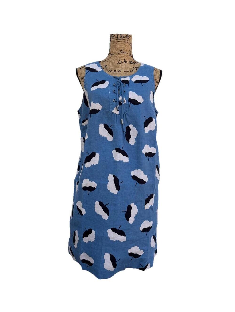 BODEN Blue Printed Dream 100% Linen Anna Tunic Dress Sz US 12R  Lace Up Neck